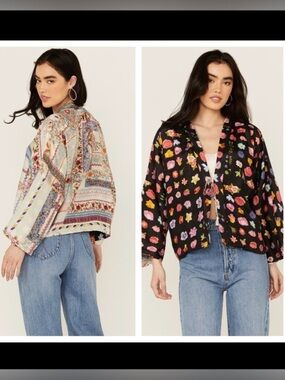 JOHNNY WAS Stano Makenna Reversible Silk Kimono Cardigan Black Floral Patchwork